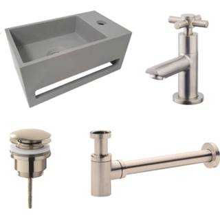 👉 Fonteinset grijs RVS BWS Solid Surface met Handdoekhouder Rechts Betonlook / (inclusief kraan, afvoer en sifon) 8719304481478