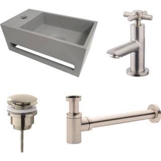 👉 Fonteinset grijs RVS BWS Solid Surface met Handdoekhouder Links Betonlook / (inclusief kraan, afvoer en sifon) 8719304481485