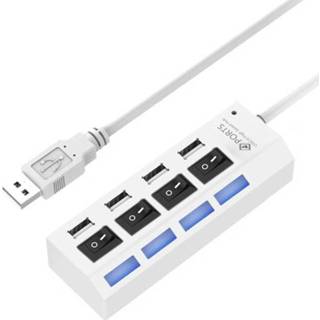 👉 4 poorten USB Hub 2.0 USB-splitter High Speed 480 Mbps met AAN / UIT-schakelaar, 4 LED's (wit)