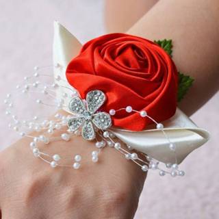 👉 Bloemcorsage rood diamant satijn active decoratieve bloemen Handgemaakte bruid pols bloem corsages boeket corsage roos (rood) 6922972278949