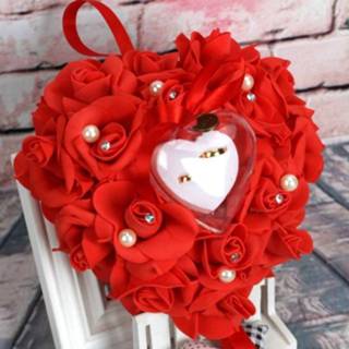 👉 Ringkussen rood schuim active decoratieve bloemen Hartvormige ring box kan hangen simulatie roos kussen bruiloft benodigdheden (rood)