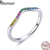 👉 Zilver vrouwen Bamoer 100% Real 925 Sterling Silver Rainbow Wave Finger Rings for Women Colorful CZ Paved Engagement Wedding Jewelry SCR636