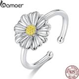 👉 Zilver vrouwen Bamoer Silver 925 Jewelry Enamel Daisy Flower Open Adjustable Finger Rings for Women Sterling Fine SCR616