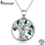 👉 Hanger donkergroen zilver vrouwen BAMOER Popular 925 Sterling Silver Rely Tree of Life Pendant Necklaces Clear Green CZ Women Fashion Jewelry Brincos Gift SCN094