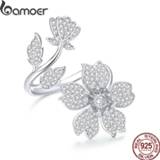 👉 Zilver vrouwen Bamoer Spring Sakura Flower Open Free Size Finger Rings for Women 925 Sterling Silver Cocktail Luxury Brand Jewelry BSR076