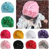 New Infant Newborn Caps with Pearl Chiffon Flowers Cotton Blend Kont Turban Girls Stretchy Beanie Hat Baby Hair Accessories