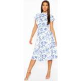 👉 Floral High Neck Belted Midi Skater Dress, Blue