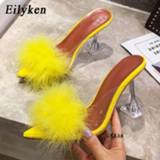 👉 Slippers transparent PVC vrouwen Eilyken Summer Woman Pumps Feather Perspex Crystal High Heels Fur Peep Toe Mules Ladies Slides Shoes
