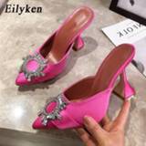 👉 Rood rose vrouwen Eilyken Red Women Pumps Silk Satin Pointed Toe Rhinestone Crystal High Heels Woman Wedding Slip On Cup Heeled Mules