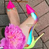 👉 Stiletto roze geel PVC ALMUDENA Pink Pointed Toe Clear High Heel Pumps 12CM 10CM 8CM Heels Neon Yellow Color Patchwork Wedding Shoes