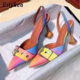 👉 Shoe 41 42 vrouwen Eilyken 2020 New Buckle Strap Mules Summer Women Pumps Shoes Spike High Heels Pointed Toe Rainbow Dress size