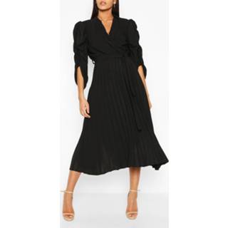 👉 Puff Sleeve Pleated Skirt Midi Dress, Black