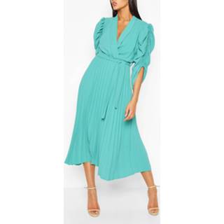 👉 Puff Sleeve Pleated Skirt Midi Dress, Mint