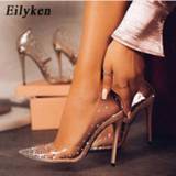 👉 Stiletto transparent PVC vrouwen Eilyken Fashion Rhinestones Pumps Stilettos High Heels Point Toes Womens Party Golden Wedding shoes