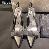 👉 Stiletto zilver Eilyken 2020 New Summer Silver Rhinestone Pointed Heels Fairy Wind Bow Baotou Butterfly-knot Pumps Sandals