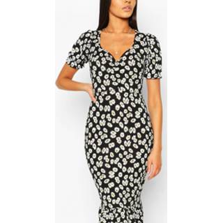 👉 Daisy Print Ruched Frill Hem Midi Dress, Black