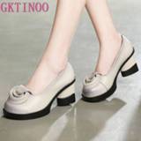 👉 Shoe leather vrouwen GKTINOO Spring Women Pumps Retro Lady 7CM High Heels Slip On Flower Handmade Genuine Shoes