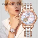 👉 Watch transparent rose goud vrouwen STARKING 34mm Automatic Gold Steel Case Vogue Dress Watches Skeleton Women Mechanical Wristwatches
