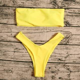 👉 Bikinibroekje polyester S M geel Bandeau met hoge pijpen
