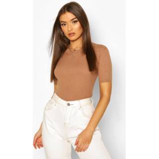 👉 Short sleeve l vrouwen camel Rib Knit Crew Neck Knitted Top,