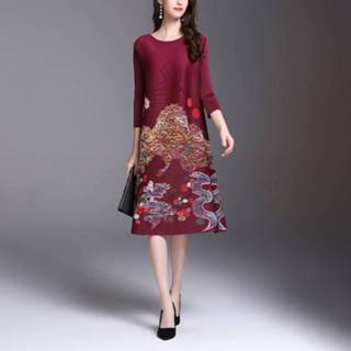 👉 Dress rood active Jurk||||Jurk>Kleding Fold In The Long Section Retro Print (Kleur: Wine Red Maat: One Size)