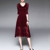 👉 Jurk rood active Jurk||||Jurk>Kleding Mode-stijl geborduurde gaas mouw effen kleur geplooide (rood)