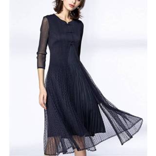 👉 Lange jurk zwart active Jurk||||Jurk>Kleding vrouwen Chinese wind dames temperament slanke kanten mesh geplooide (kleur: maat: one size)