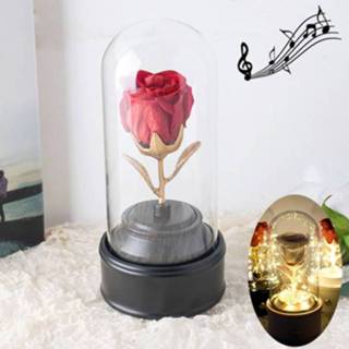👉 Nachtlamp zwart active decoratieve bloemen Creatieve enkele roos eeuwige bloem glazen deksel nachtlampje geschenkdoos, muziekdoosversie (zwart)