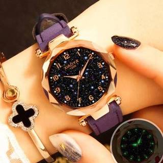 👉 Riem paars PU active vrouwen XIAOYA Fashion Women Star Sky Dial lederen quartz horloges (paars)