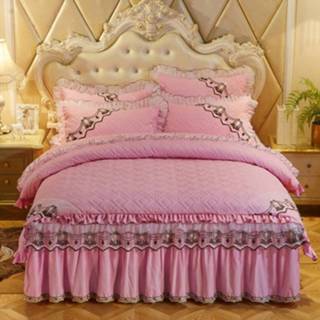 👉 Bedrok roze antislip active Luxe dikke katoenen met kanten rand, beddengoed, maat: 1.8x2.0m (4-delig) (roze)