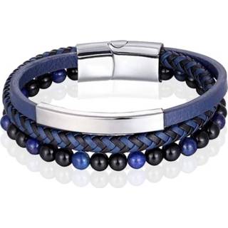 👉 Herenarmband zilverkleurig blauw leer mannen Heren armband Memphis Tijgeroog kraal gevlochten