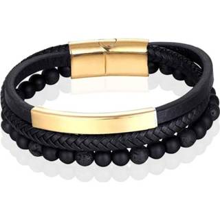 👉 Herenarmband goudkleurig zwart leer mannen goud Heren armband Memphis Agaat kraal gevlochten