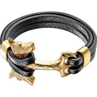 👉 Armband goudkleurig zwart leer edelstaal mannen goud Leren Mendes Anker Wolf 8720246410730