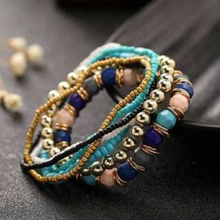 Elastisch armbandje blauw active armbanden vrouwen Dames vier seizoenen Boheemse meerlaagse kralen elastische armband (lichtblauw)