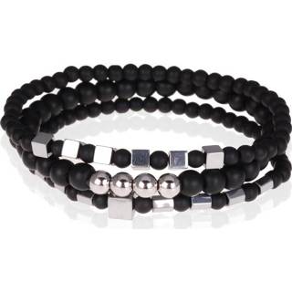 👉 Herenarmband zwart zilverkleurig mannen zilver Memphis Heren armband trio kralen Agaat Kubus 8720246411034