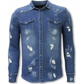 👉 Denim shirt s male blauw - Slim Fit Damaged Allover