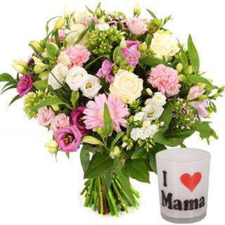 👉 Moederdagboeket wit roze Moederdag boeket + waxinelichtje I love mama