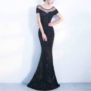 👉 Elegante backless lange avondjurk zeemeermin feest pailletten maxi jurk, maat: M (zwart)