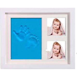 👉 Fotolijst witte blauwe houten active baby's Massief babyhanden en voeten drie-frame modderafdruk met omslag (witte modder)