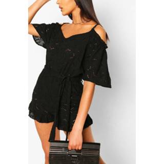 👉 Rompertje vrouwen Broderie Lace Cold Shoulder Belted Romper