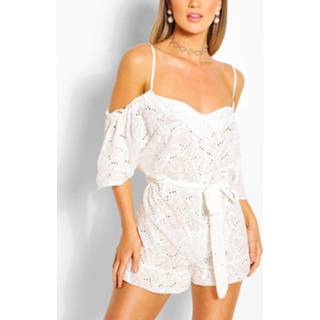 👉 Broderie Lace Cold Shoulder Belted Romper, White