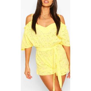 👉 Rompertje vrouwen lemon Broderie Lace Cold Shoulder Belted Romper,