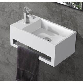 👉 Fontein wit Bewonen Alento Solid Surface met handdoekhouder mat wit- kraangat links
