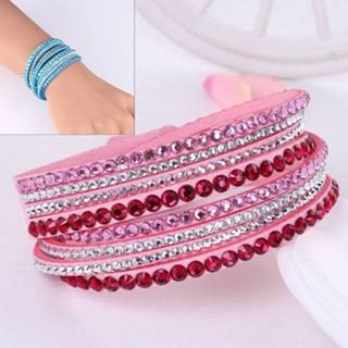 Wrap armband roze kristal active armbanden vrouwen multilayer lederen strass (roze)