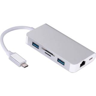 👉 Adapterkabel zilver active 6 in 1 Type C USB 3.0 Hubs Type-C tot 2xUSB3.0 RJ45 SD TF-kaart PD Oplaadpoort Converter voor laptop Macbook (zilver)