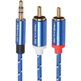 👉 Audiokabel blauw katoen active mannen REXLIS 3610 3,5 mm mannelijke naar dubbele RCA vergulde plug gevlochten voor RCA-ingang actieve luidspreker, lengte: 1,8 m 6922621146391