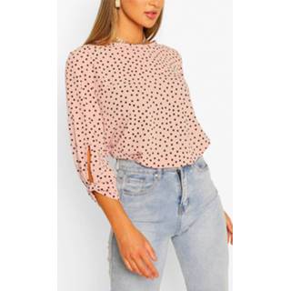 👉 Polka Dot Bow Sleeve Woven Blouse, Nude