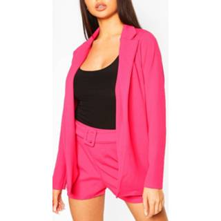 👉 Blazer & Self Fabric Belt Short Suit Set, Hot Pink