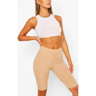 Basic Ribbed High Waist Cycling Shorts, Camel