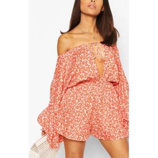 👉 Petite Bright Floral Off Shoulder Romper, Orange